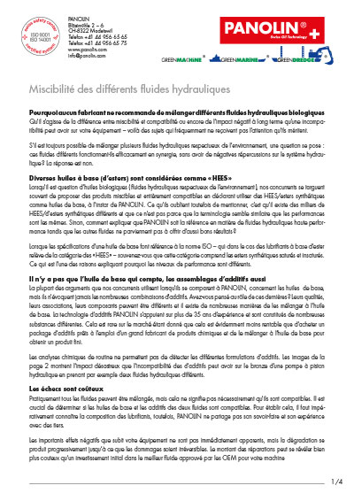 Miscibilité des différents fluides hydrauliques